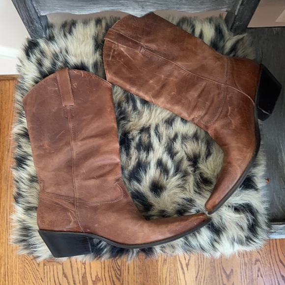 Matisse Brown Leather Pointed Toe Cowboy Boots Cutout Turq. Floral Design - Picture 5 of 11